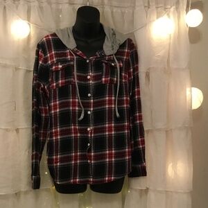 Paper Tee Snap Button Hooded plaid Shirt